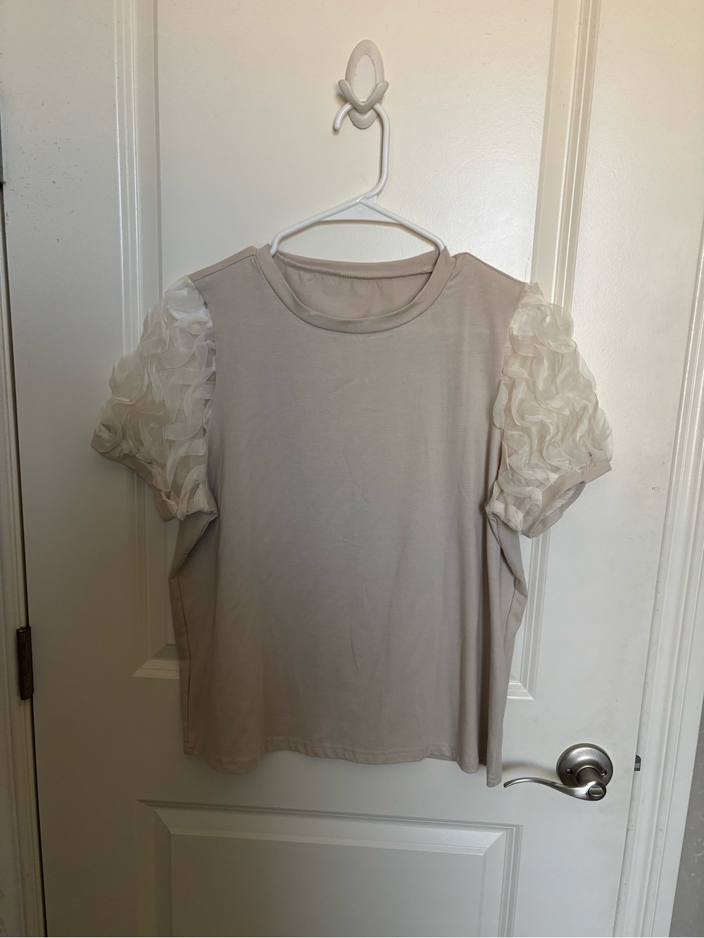 SHEIN Ruffle Organza Sleeve Crewneck Top - Beige/Cream